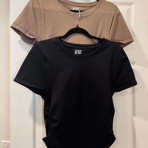 Set of unworn OQQ ruched fitted thick crew neck shirts